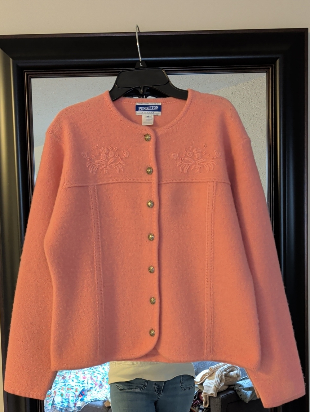 Vintage Pendleton Coral Pink Wool Embroidered Button-Front Cardigan